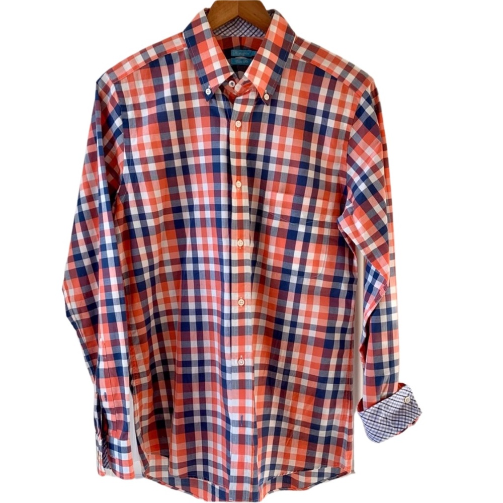 J. MCLAUGHLIN MENS BUTTON DOWN TRIM FIT SHIRT SZ S ORANGE BLUE & WHITE CHECKS